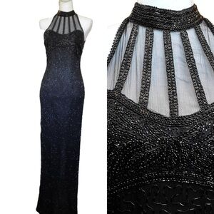 Stenay Vintage Silk Black Beaded Halter Evening Gown Sheer Cage High Slit Sz 12